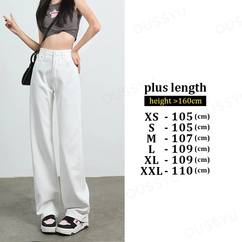 Jeans Women's High Waist Straight Wide Leg Cotton Y2K Denim Clothing Streetwear Vintage Fashion Pants Blue White Leisure Trouser White-plus
