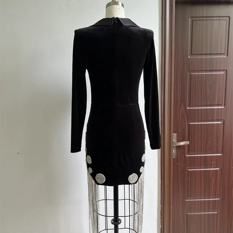 2025 Luxury Diamonds Tassel Sexy  Deep V Notched Black Velvet  Dress Woman Evening Party Vestido Celebrate Club Party Outfit