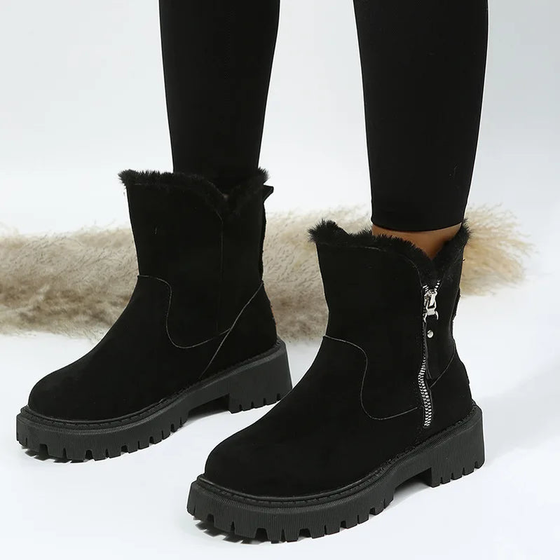 Snow Boots Women Winter Warm Fashion Designer Platform Boots Non-slip Short Plush Flats Suede Shoes Mujer black
