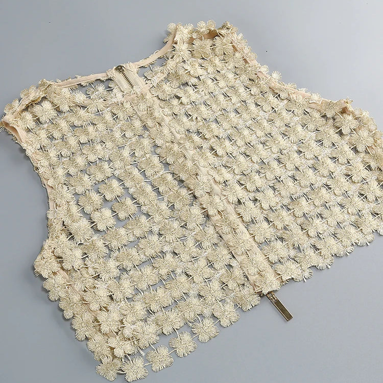 VC Stylish Beige Sleeveless Cropped Top & Sheer Skirt Set with Zipper for Festival & Party Chic Dress Gown