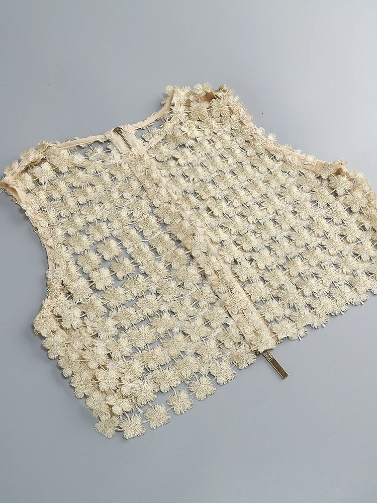 VC Stylish Beige Sleeveless Cropped Top & Sheer Skirt Set with Zipper for Festival & Party Chic Dress Gown