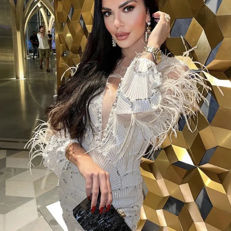 Women Summer Sexy Long Sleeve Beige Sequins Mesh Pearl Feather Mini Bodycon Gowns Dress 2023 Elegant Evening Party Club Dress