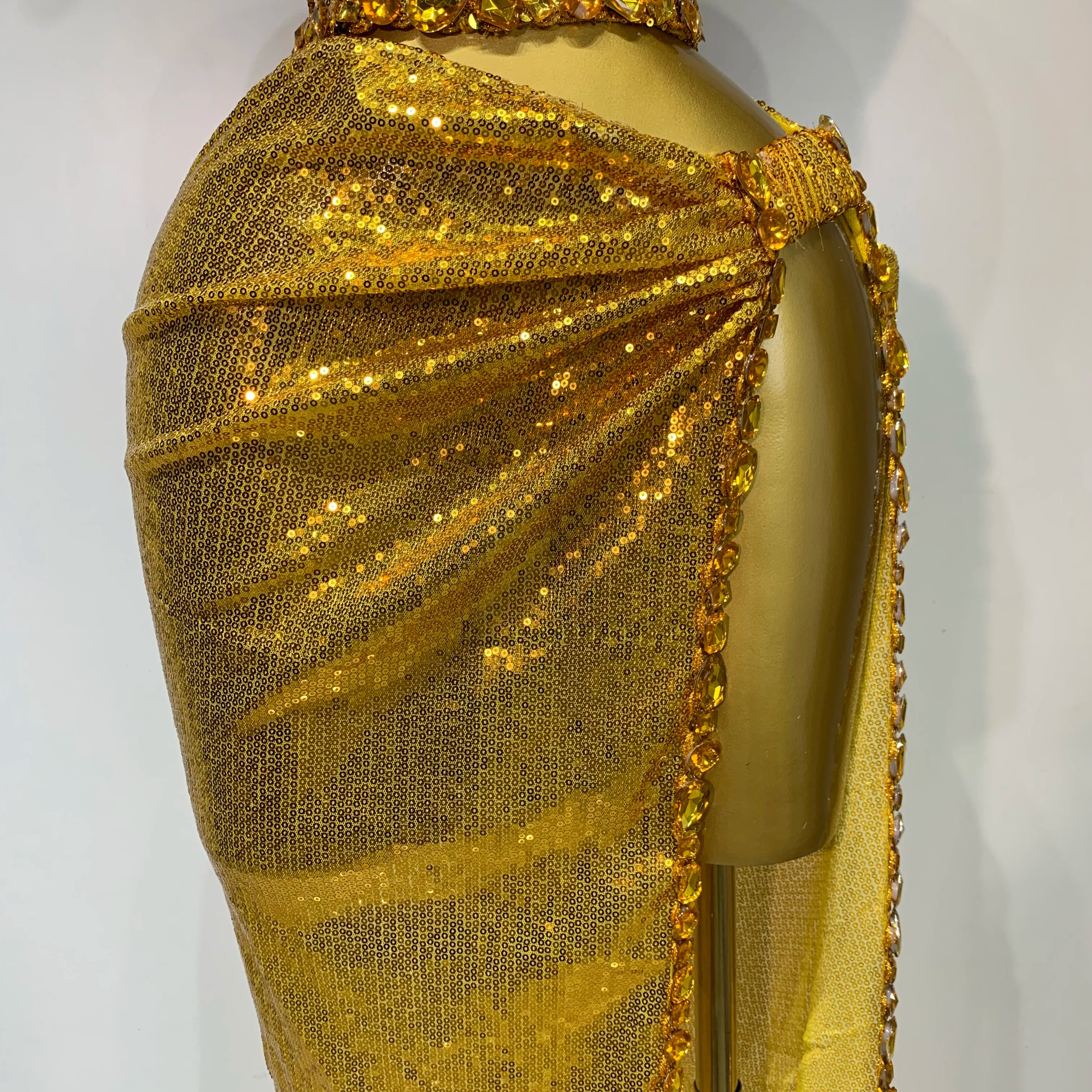 Ensemble deux pièces pour femme, haut et jupe longue à strass dorés scintillants, costume de danseuse, de chanteuse, de discothèque, robe d'anniversaire de luxe