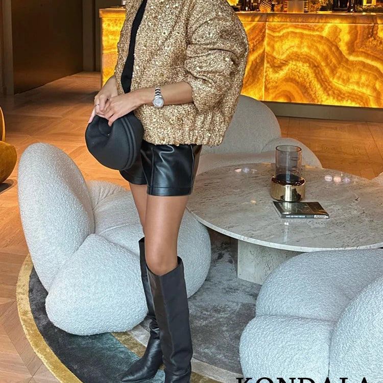 Streetwear Golden Sequined Oversized Jackets Women Long Sleeve Zipper Thick Coats Fashion Autumn Winter Outwears
