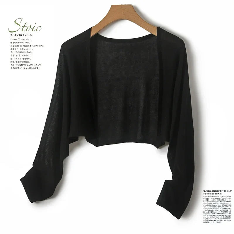Ice Silk Sun Protection Cover Ups Women Long Sleeve Knitted Shawl Thin Summer Relax Cardigan Cape Outerwear Shirt Loose Freesize Black One Size