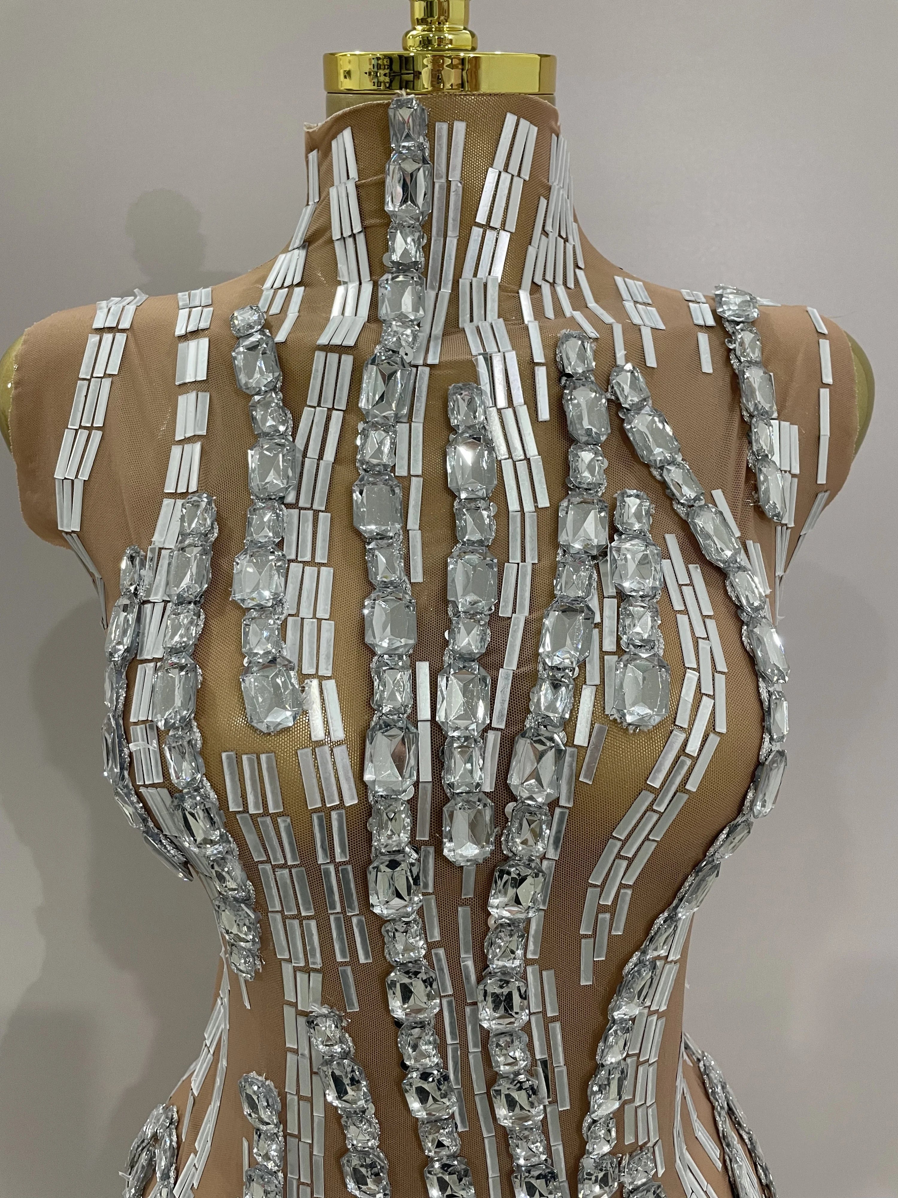 Sparkly Rhinestone Chain Sexy Transparent Sleeveless Bodysuit 2025Women Party Nightclub Team Performance Costume Show Stage Wear