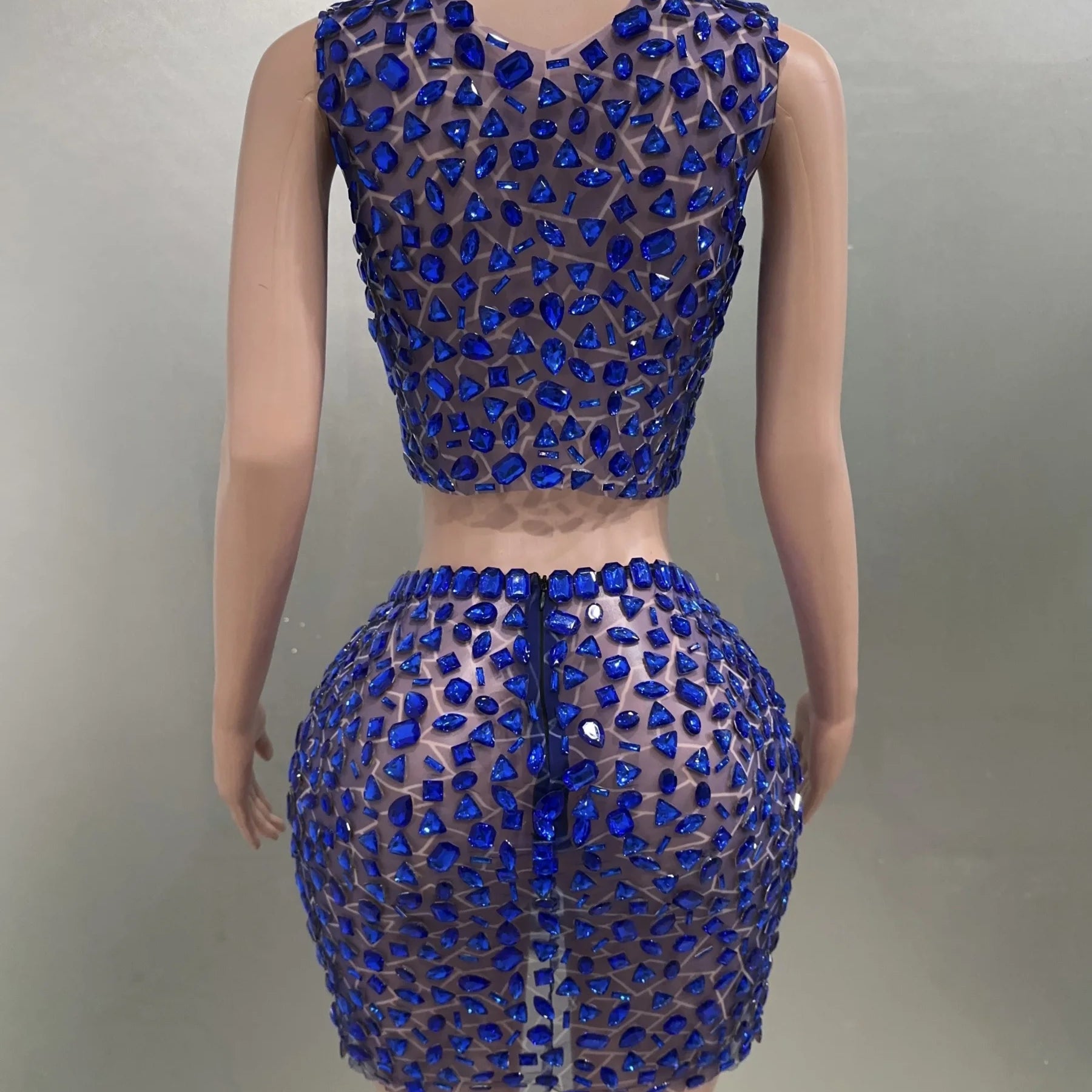 Vestido feminino sexy de cristal grande, 2 peças, malha transparente, mini vestido justo, fantasia de performance, comemoração, vestido de festa de aniversário