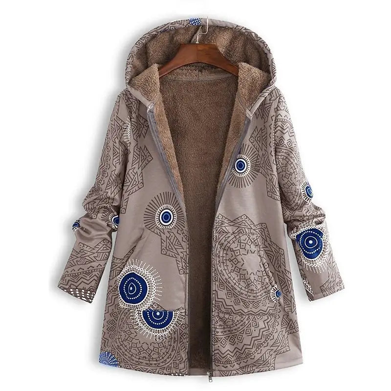Printed Hooded Long Sleeve Coat Oversized Vintage Women Autumn Winter Warm Plush Jacket Casual Ladies Clothes H