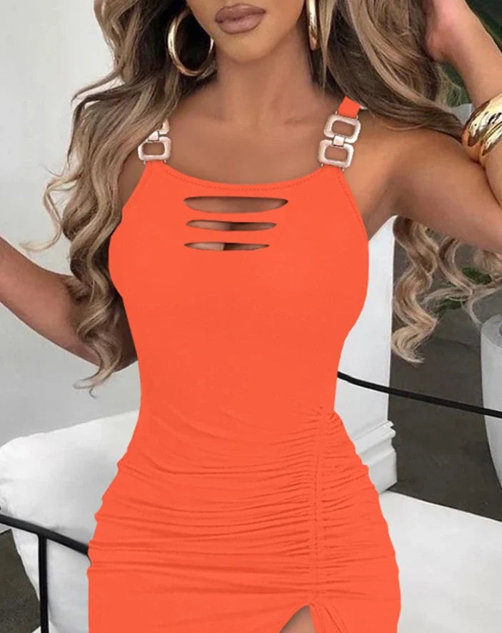 Sexy Women's Dress New Ladder Cutout Slit Buckled Bodycon Dress Solid Color Slim Fit Sleeveless Drawstring Pleated Dress