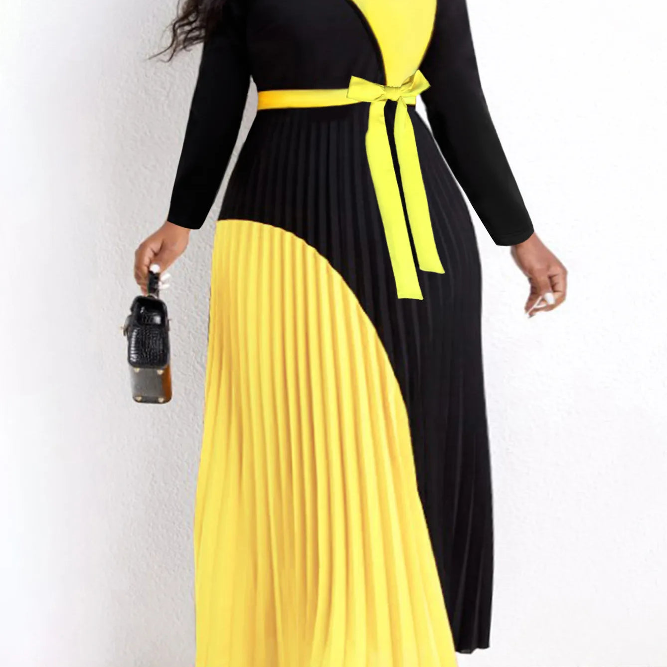 Elegant Fall Maxi Dresses Bandage Design Tiered Pleated A Line Dress Belted Long Sleeve V Neck Flowy Patchwork Vestidos