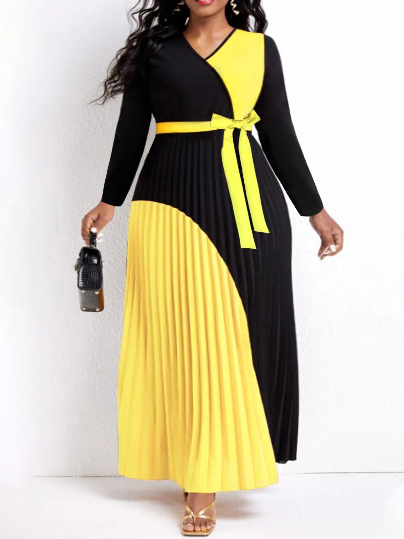 Elegant Fall Maxi Dresses Bandage Design Tiered Pleated A Line Dress Belted Long Sleeve V Neck Flowy Patchwork Vestidos