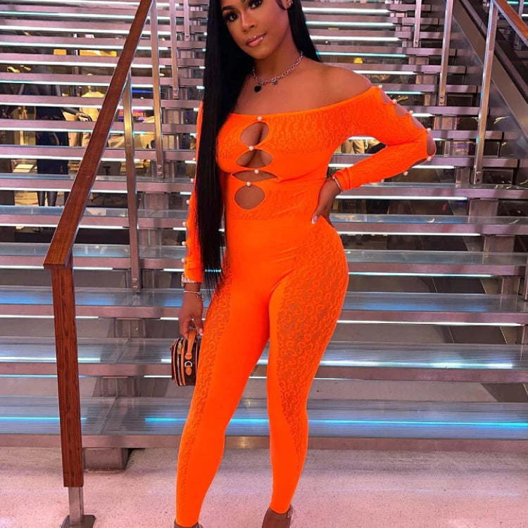 CM.YAYA 2025 Long Sleeve Sexy Leopard Lace See Through Women’s Jumpsuits Summer Slash Neck Night Club Party One Piece Outfits