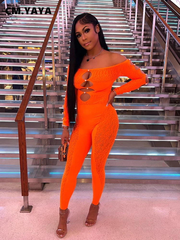 CM.YAYA 2025 Long Sleeve Sexy Leopard Lace See Through Women’s Jumpsuits Summer Slash Neck Night Club Party One Piece Outfits