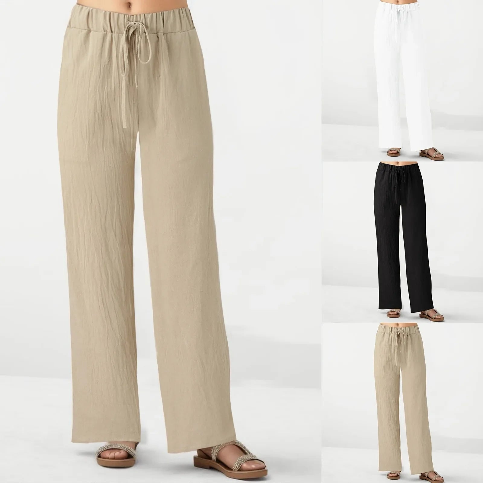 Wide Leg Pants With Pocket Loose Casual Solid Color Bandage Drawstring Womens Trousers Casual Work Elastic Waist Straight Pants