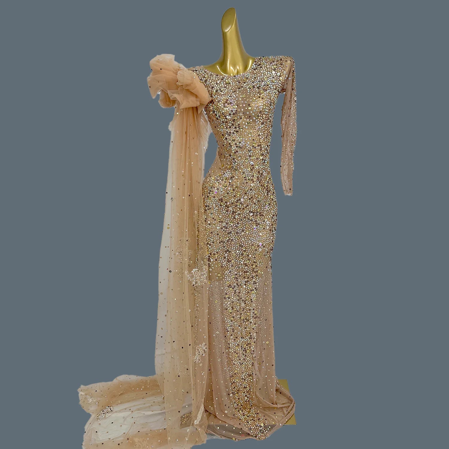 Sparkly Crystals Luxury Sheer Mesh Evening Gown Sexy Women Gauze Long Dress Birthday Wedding Prom Party High-end Outfit Shacha