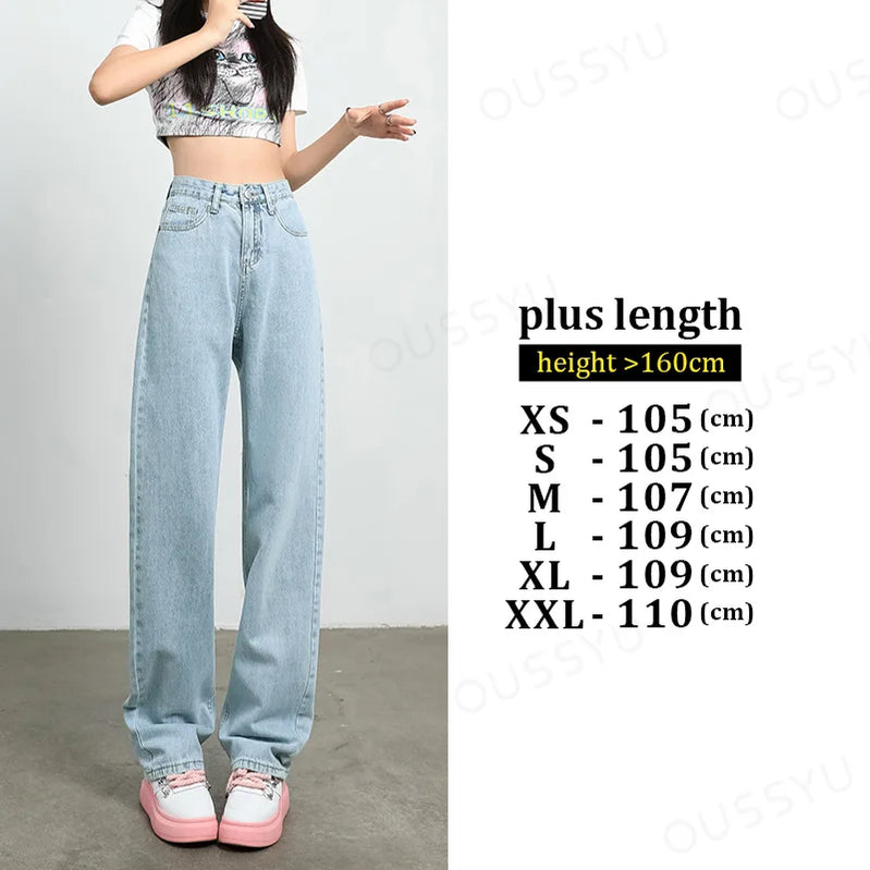 Jeans Women's High Waist Straight Wide Leg Cotton Y2K Denim Clothing Streetwear Vintage Fashion Pants Blue White Leisure Trouser Light blue-plus