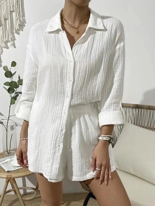 100% Cotton Gauze Muslin Sets For Women 2 Pieces Long Sleeve Shirts And Loose High Waist Mini Shorts Sets Ensemble Femme white CN