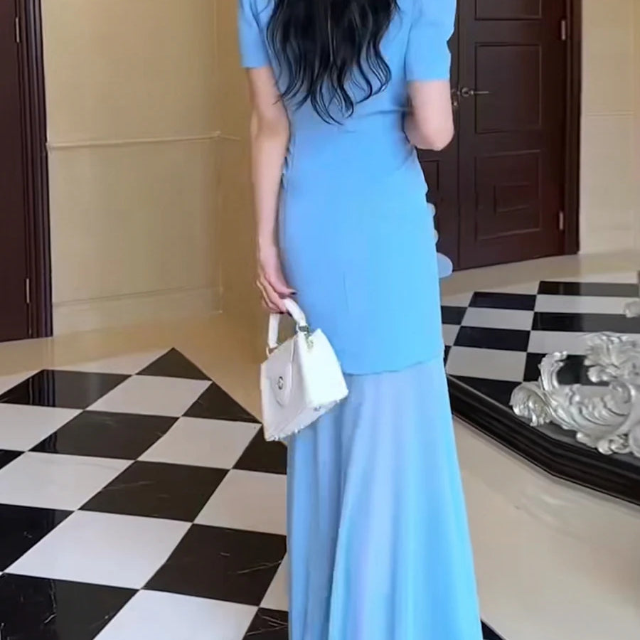 TWOTWINSTYLE Hit Color Spliced 3D Flower Elegant Dresses for Women Round Neck Short Sleeves Patchwork Folds Sheer Dress Female