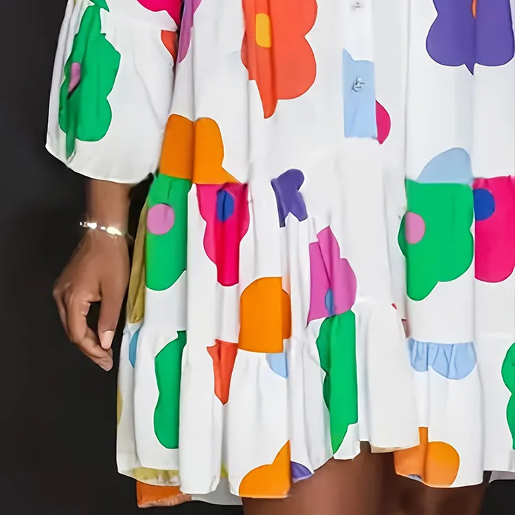 Plus Size Autumn New Floral Printed Women's Dresses,Casual Loose Button Fashion Streetwear Polyester V-Neck Pleated Dresses