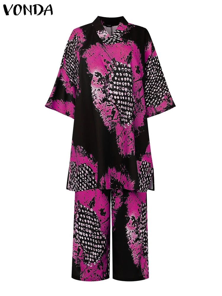 Plus Size 5XL VONDA Women Vintage Pant Sets Print Long Top and Wide Leg Pants Casual Loose 2pcs Two-piece Summer Bohemian Outfit