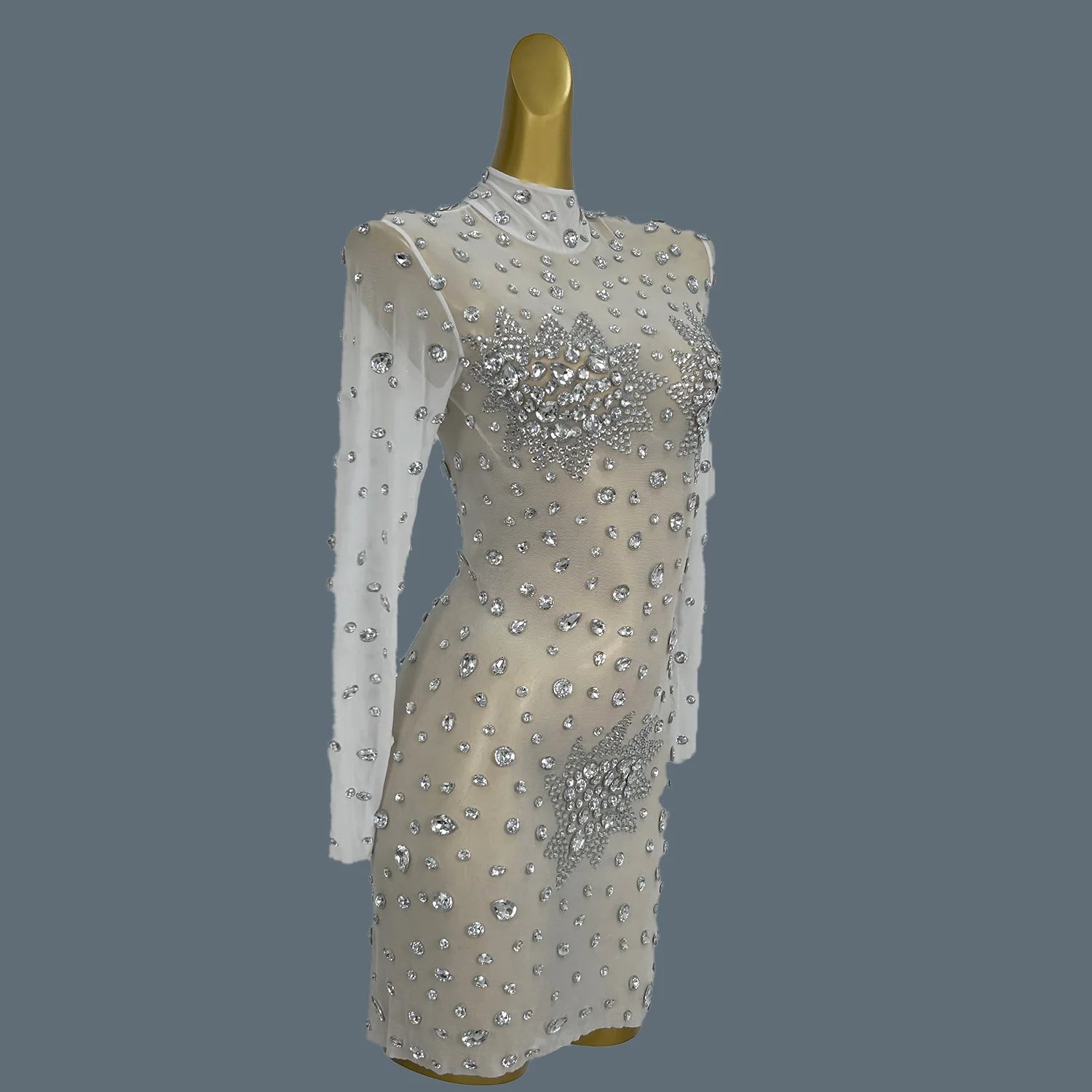 Women Sexy White Crystals Mini Dress Luxury Birthday Celebrate Evening Party Rhinestones Gown Singer Stretch Costume Guibin