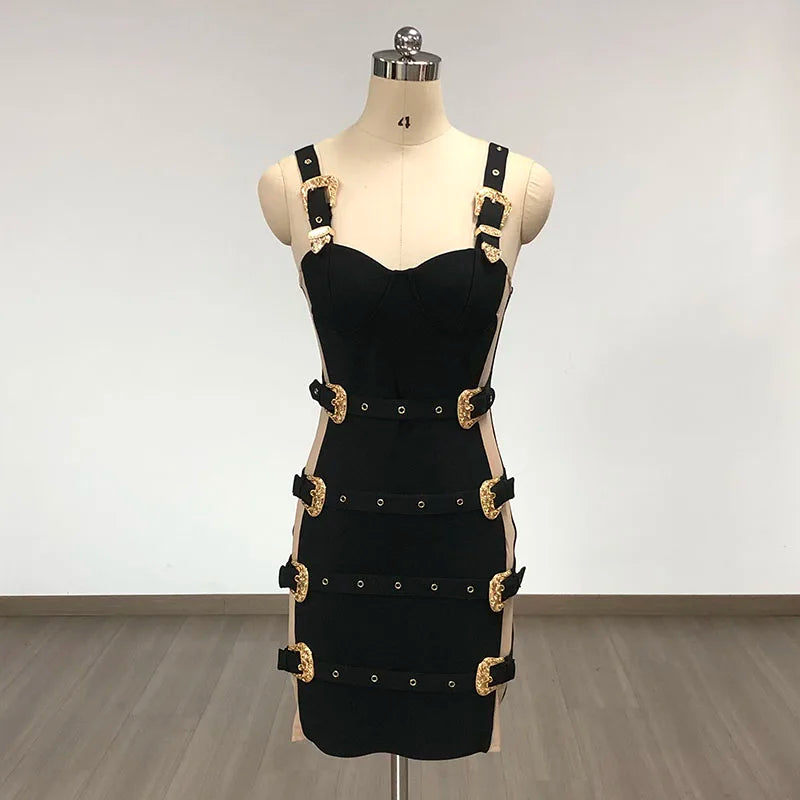 Women Sleeveless Sexy Square Collar Gloden Button Bodycon Hollow Out Mini Bandage Dress Celebrate Nightclub Party Wear