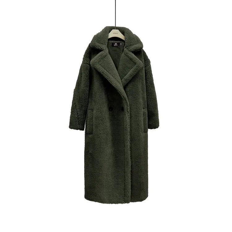 New Winter Coat Women Wool Sheep Shearing Faux Fur Warm Coat Women's Medium Long Large Grain Lamb Wool Thick Teddy Bear Outwear army green