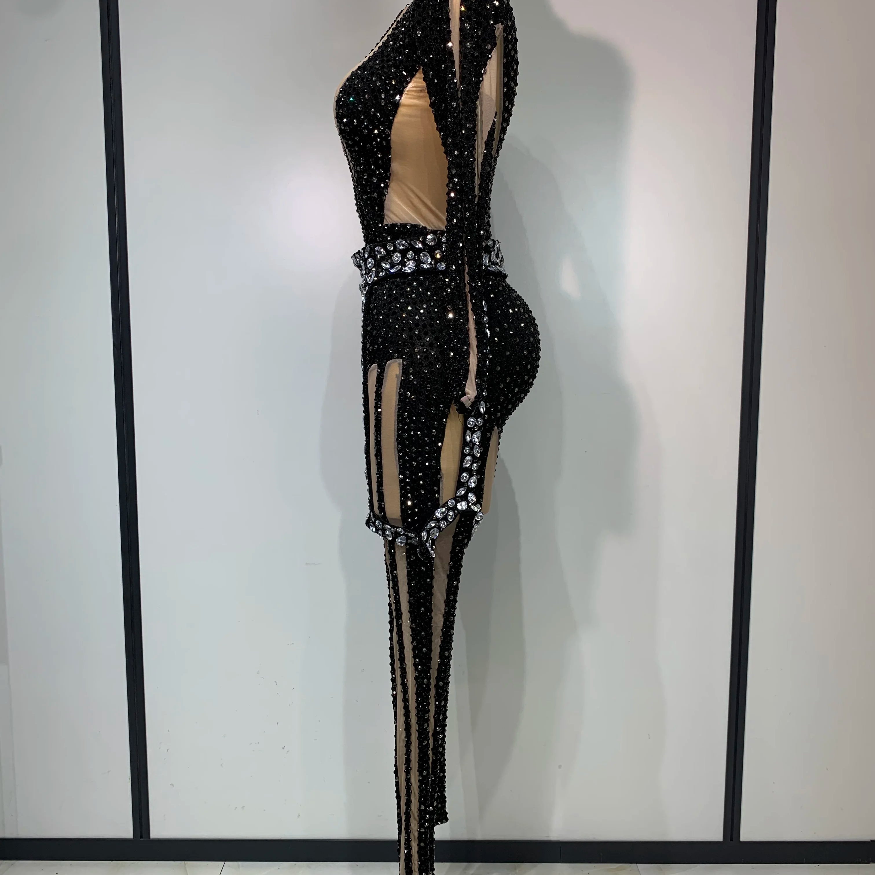 Sexy Sparkly Diamond Black Long Sleeves Bodycon Mesh Jumpsuit Evening Party Nightclub Bar Singer Performance Stage Costume