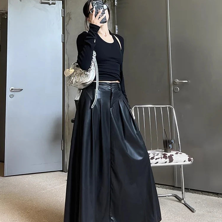 Spring Autumn Luxury Long Pleated Black Soft Pu Leather Maxi Skirt Women High Elastic Waist Korean Style Clothes 2023