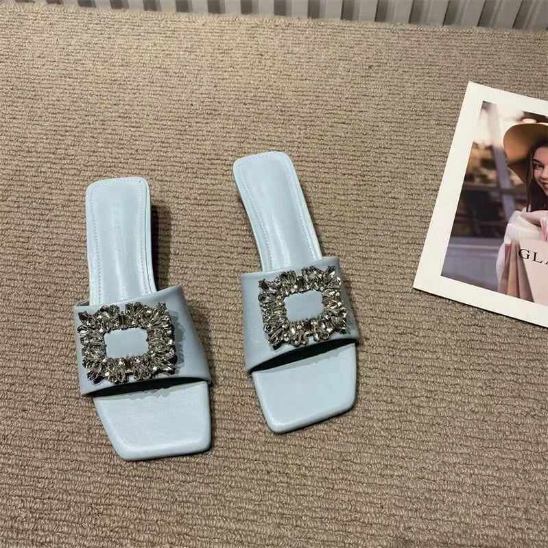 Elegant S Slippers Women's Open Toe Flat Heel Slip-on Muller Shoes Crystal Slippers Brand Rhinestone Square Buckle Sandals Mujer Blue