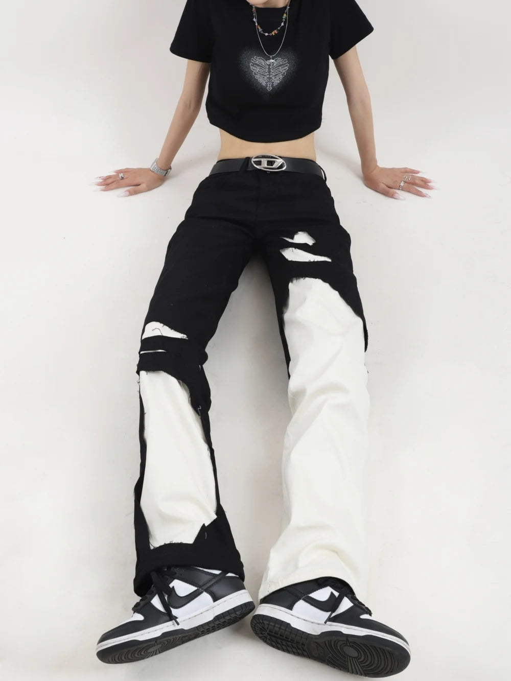 Contrast Color Ripped Jeans Pant for Women Autumn New Loose Straight Wide Leg Demin Pants Jeans Y2k Women Pants High Waist