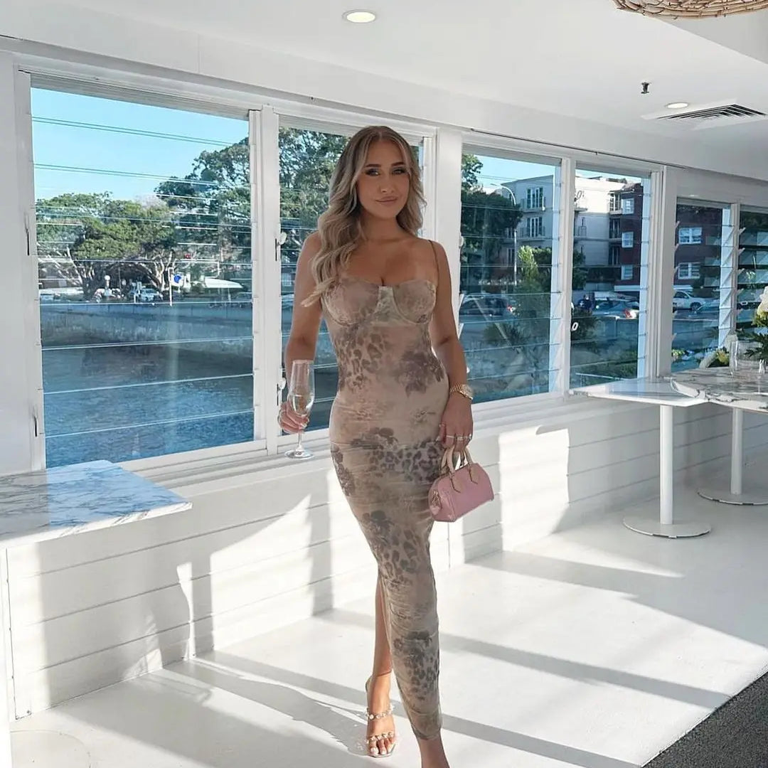 Mesh Print Long Dress with Chest Padded Sexy Back Lace Up Vacays Party Going Out Outfits Summer Dress Women