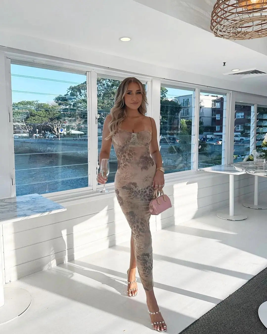 Mesh Print Long Dress with Chest Padded Sexy Back Lace Up Vacays Party Going Out Outfits Summer Dress Women