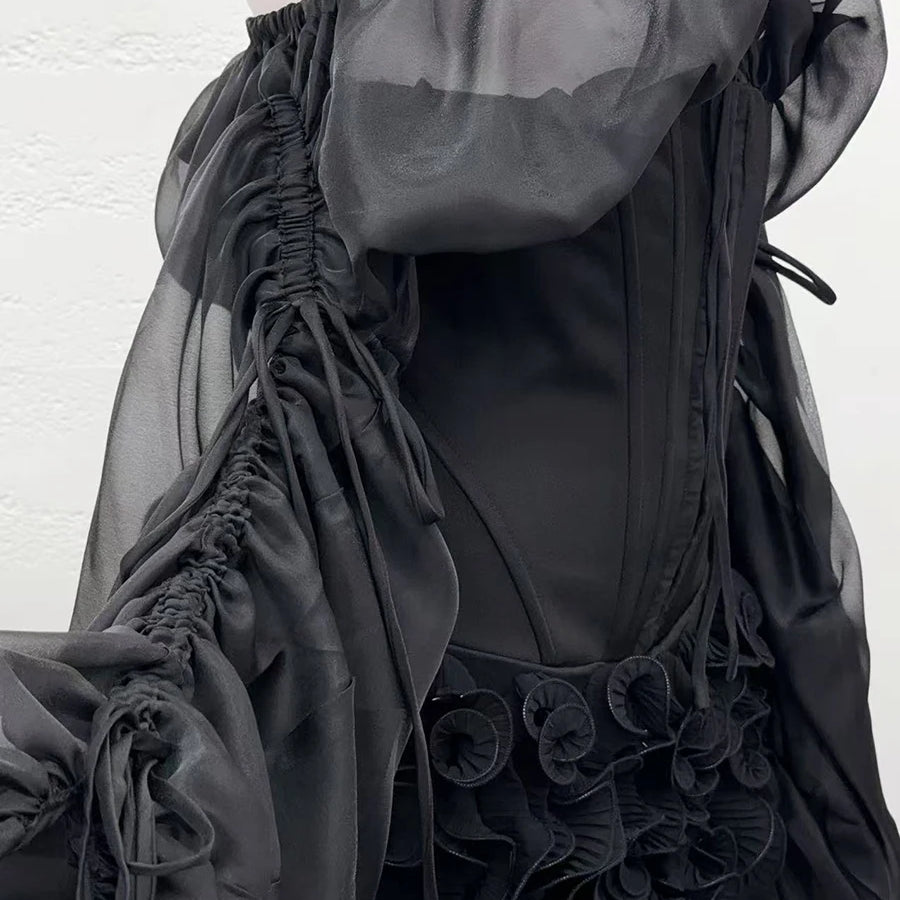 TWOTWINSTYLE Solid Slimming Spliced Lace Up Mini Dresses for Women Slash Neck Long Sleeves Patchwork Fungus Folds Dress Female