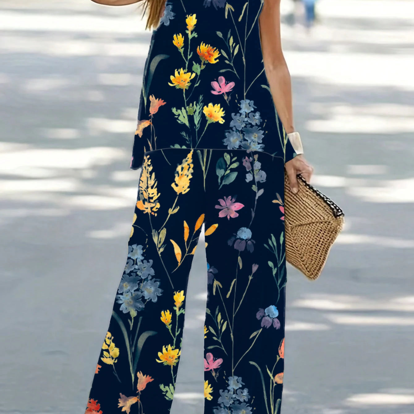 1XL-8XL Plus Size Women's Casual Outfits Two Piece Set Solid Round Neck Tank Top  Wide Leg Pants Outfits 2 Piece Set