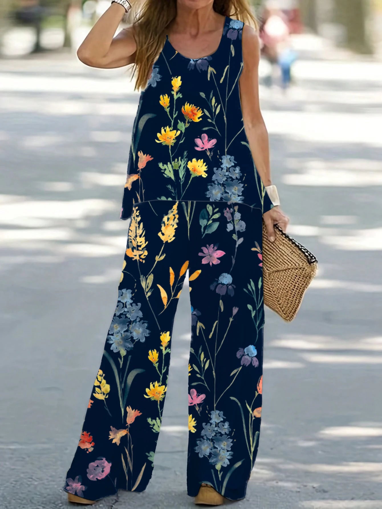 1XL-8XL Plus Size Women's Casual Outfits Two Piece Set Solid Round Neck Tank Top  Wide Leg Pants Outfits 2 Piece Set