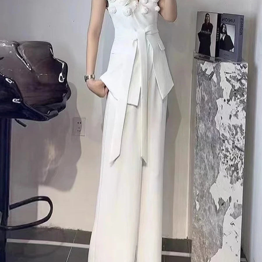 TWOTWINSTYLE Solid Spliced Applique Two Piece Sets for Women V Neck Sleeveless Patchwork Lace Up Top High Waist Skirt Set Female