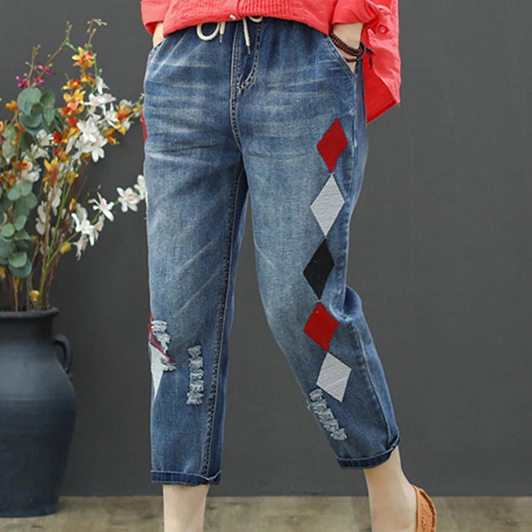 Autumn Ladies Luxury Embroidery Jeans Womens Fashion Vintage Ripped Denim Trousers Loose Holes Elastic Harem Pants