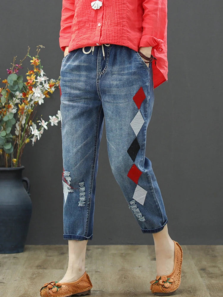 Autumn Ladies Luxury Embroidery Jeans Womens Fashion Vintage Ripped Denim Trousers Loose Holes Elastic Harem Pants