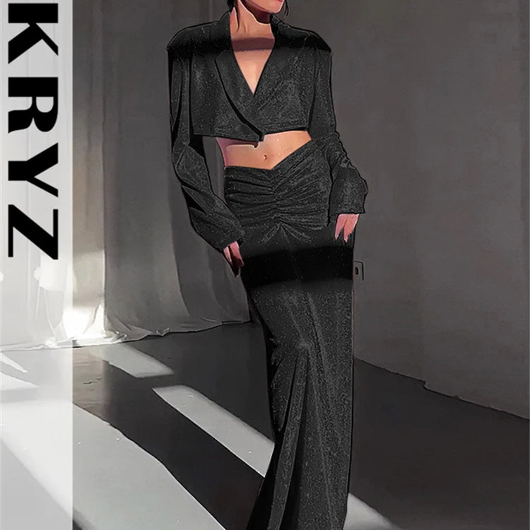 Ladies New Bling Glitter Slim Dress Set 2 Pieces Long Sleeve Pad Crop Top And Maxi Skirt Evening Party Night Club Women Outfits