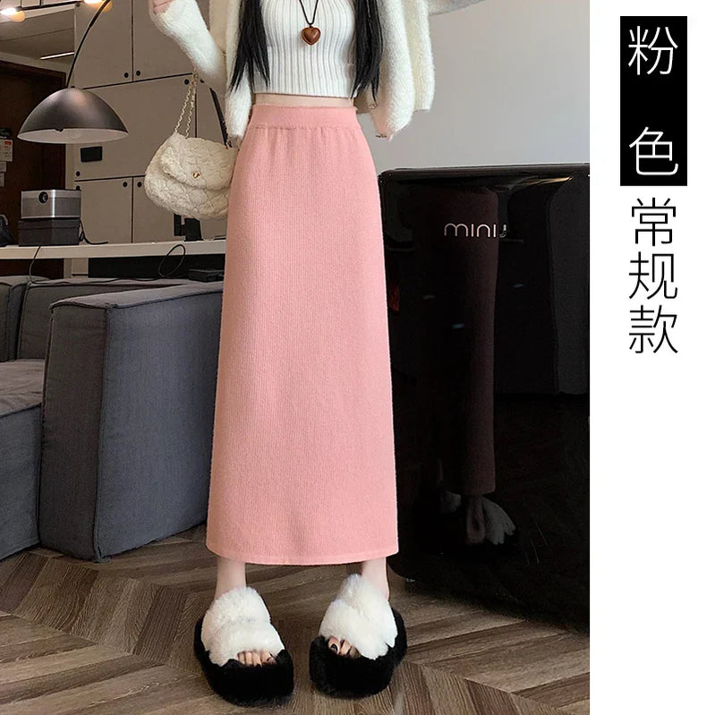 Women Sweater Skirt Pencil Knitted Skirt High Waist Skirts Womens Winter 2023 Long Warm Knitting Skirts Straight Split Bottoms Pink