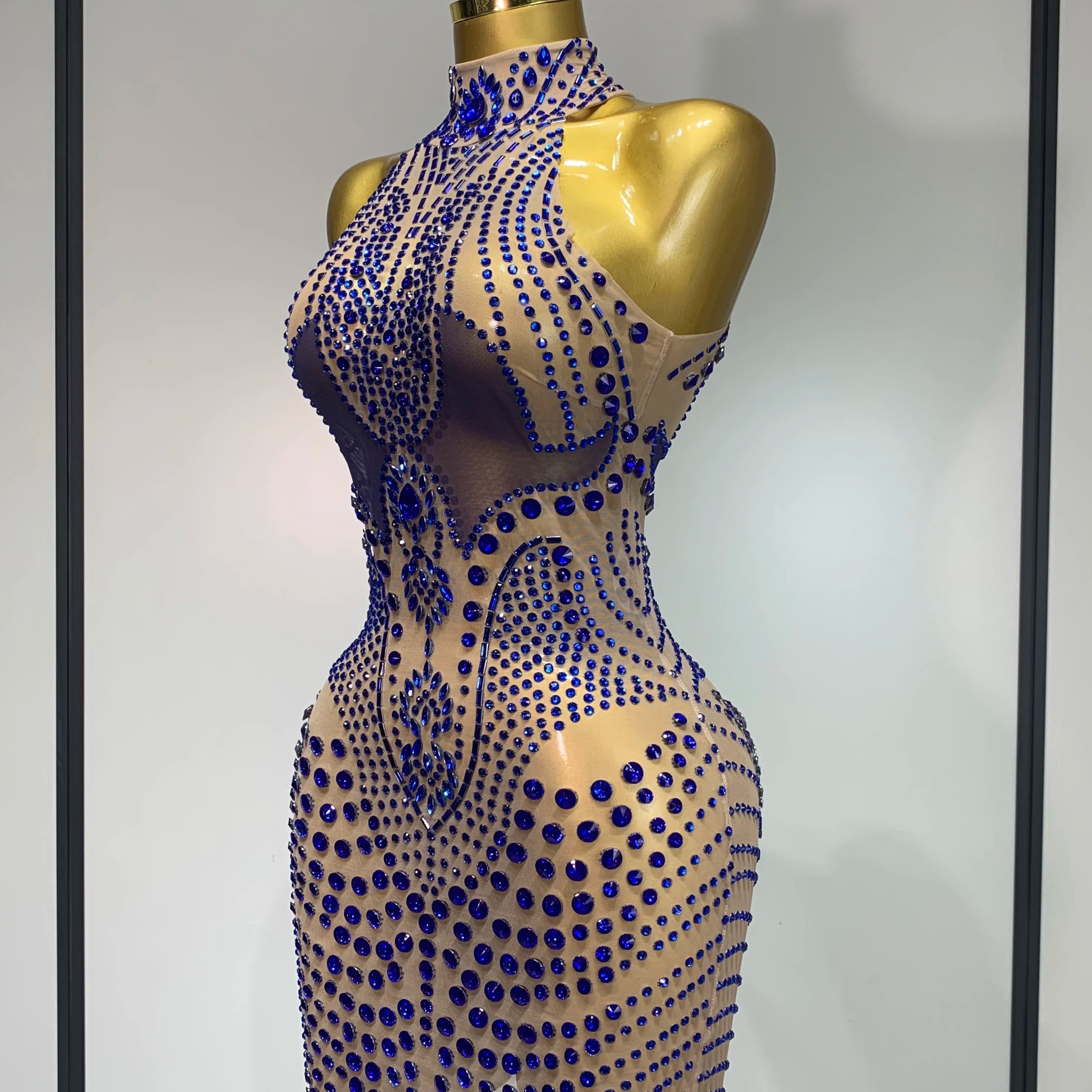 Luxury Birthday Dress Women Rhinestones Sexy Transparent Mesh Mini Dress Evening Party Nightclub Stage Performance Costume