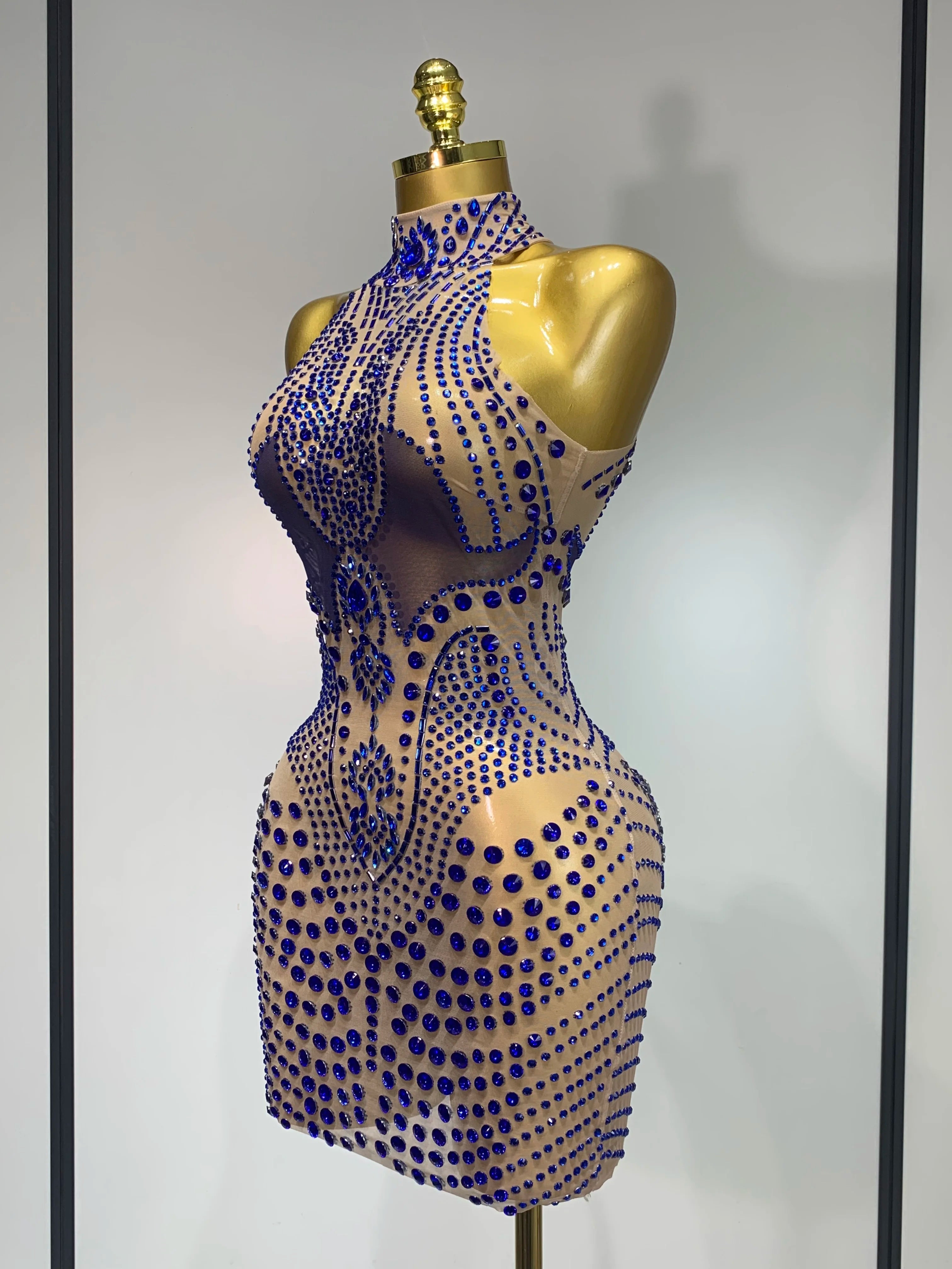 Luxury Birthday Dress Women Rhinestones Sexy Transparent Mesh Mini Dress Evening Party Nightclub Stage Performance Costume