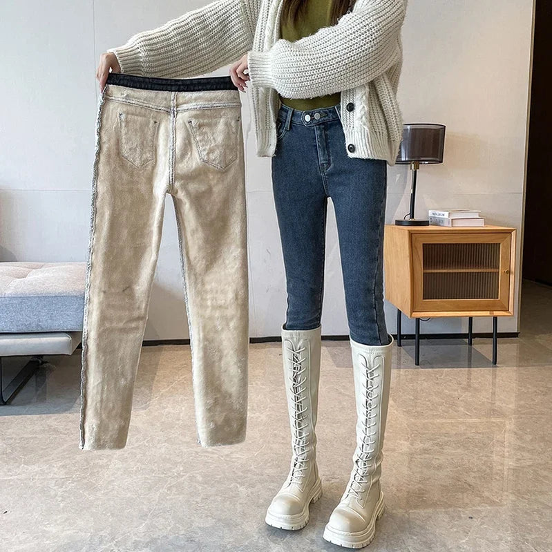 Autumn Winter Warm Fleece Women Jeans Elegant Skinny Stretch High Waist Fashion Mom Denim Pant Office Lady Slim Trousers Grey Blue