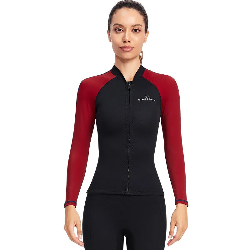 1.5mmSplit Warm Diving Suit Long Sleeve Sunscreen Snorkeling Surfing Jellyfish Swimsuit Red Top Ladies