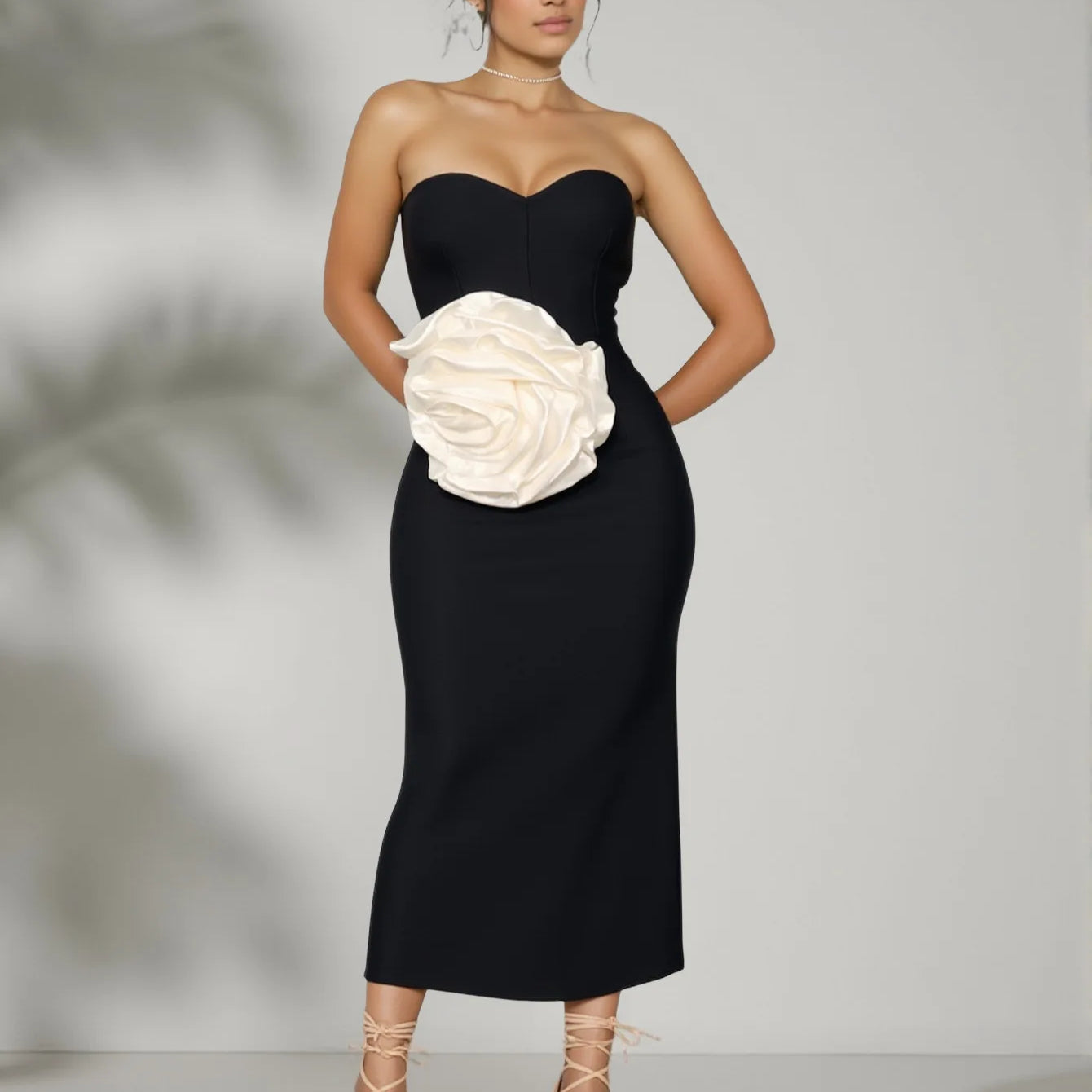Black Color Women Sexy Strapless White Florals Bodycon Mid-calf Bandage Dress Celebrate Evening Party Birthday Outfit