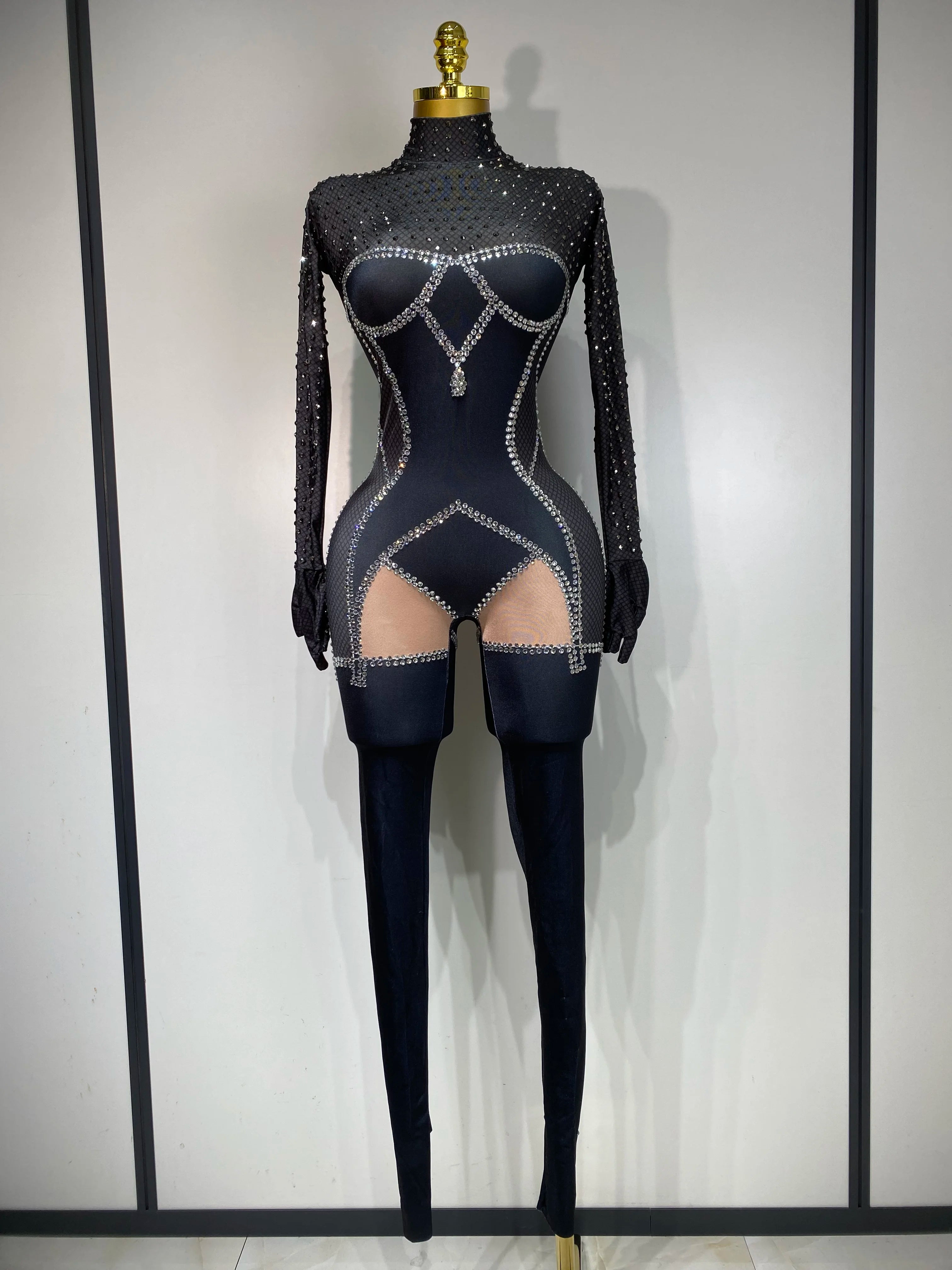 Sparkly Diamond Women Sexy Bodycon Jumpsuit Nightclub Bar Party Show Gogo Dancer Clothing Drag Queen Outfit Stage Costume