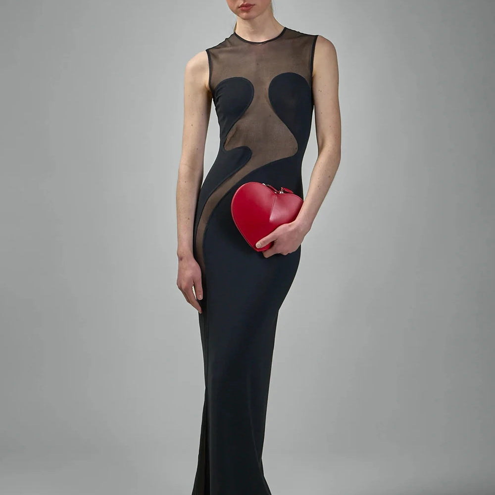 Elegant Mesh Patchwork Sleeveless Bodycon Party Club Evening Dress Sexy Bodycon Perspective Vestido 2025 Summer Clothing