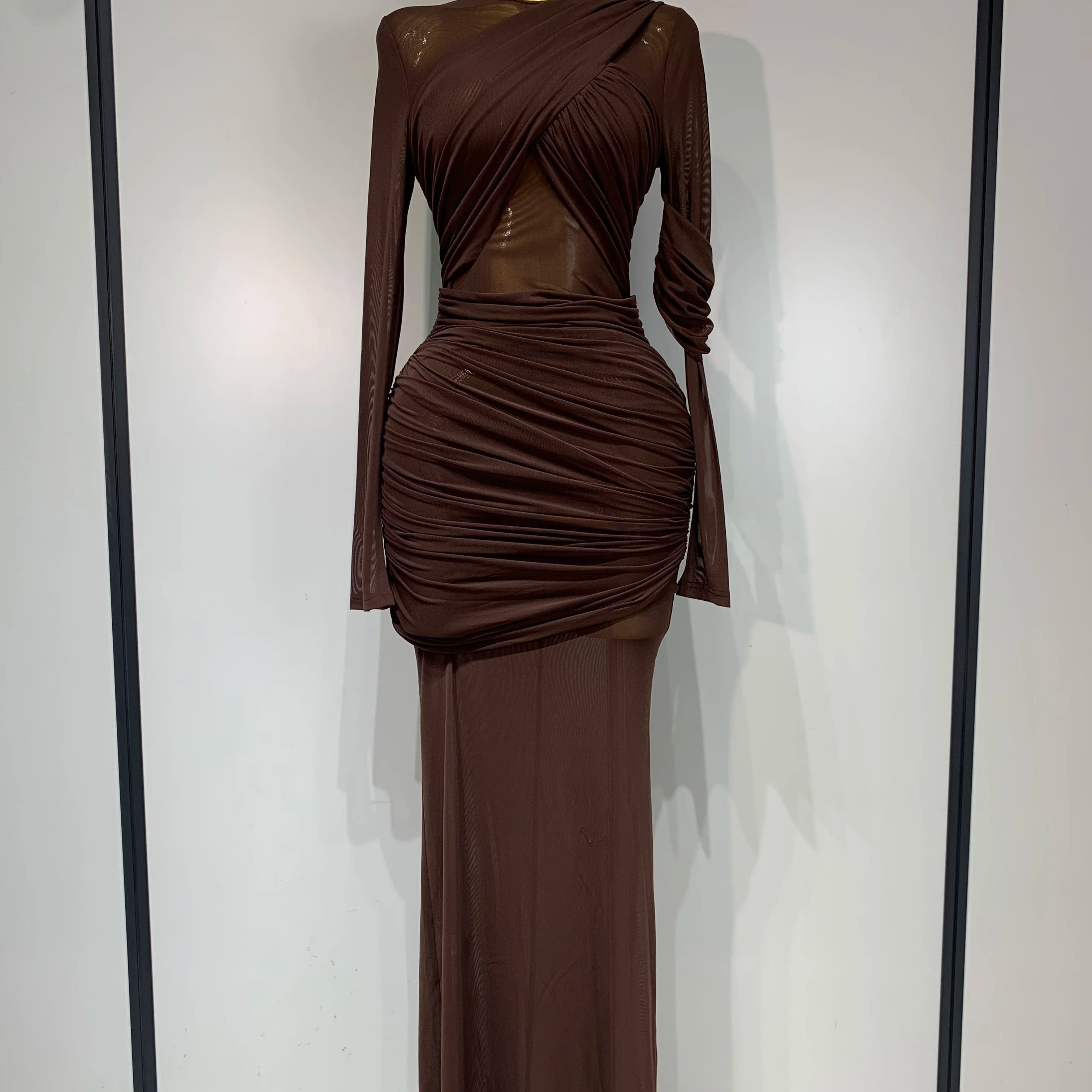 Elegant Brown Mesh Fold Long Sleeve Bodycon Dress Women 2025 Evening Party Club Sexy Perspective Fashion Luxury Birthday Dresses