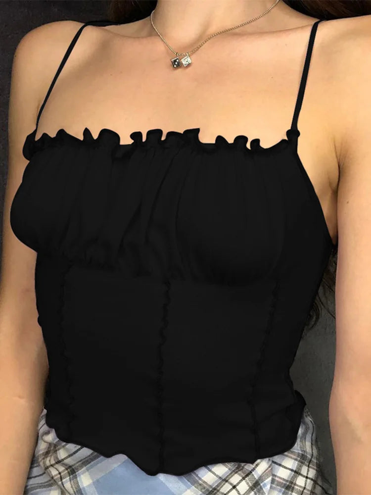 Sexy Summer Women Ruffles Tank Top Fashion Ladies Sleeveless Strapless Ruched Slim Crop Top Camisole Female Clothing Tanks